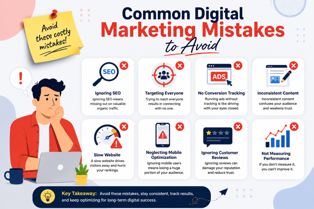 Digital Marketing Strategy in 2026 – Common digital marketing mistakes to avoid, including poor SEO, slow website speed, inconsistent content, weak audience targeting, and lack of performance tracking.