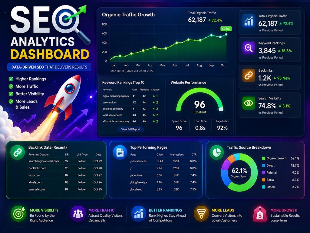 SEO services, analytics dashboard showing keyword rankings, organic traffic growth, website performance, backlinks, and search visibility metrics.