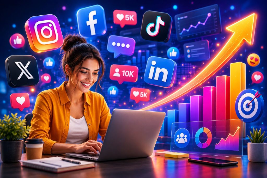 Social Media for Small Business, digital marketing illustration showing social media platforms, audience engagement, content marketing, analytics, and business growth.