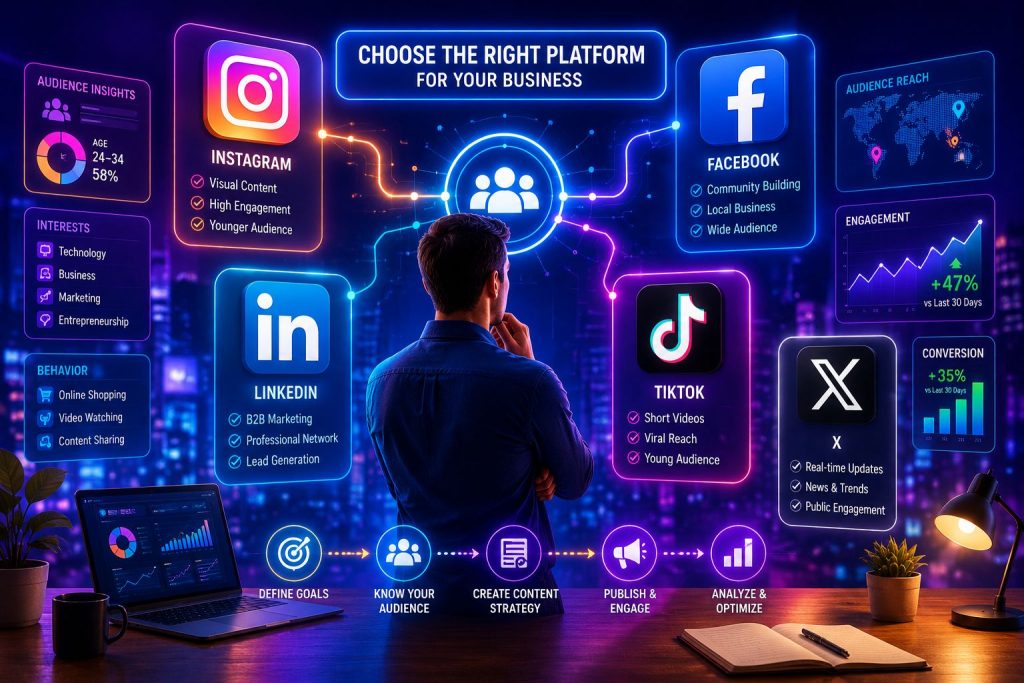 Social Media for Small Business, choosing the right social media platforms including Facebook, Instagram, LinkedIn, TikTok, and X to increase audience engagement and business growth.