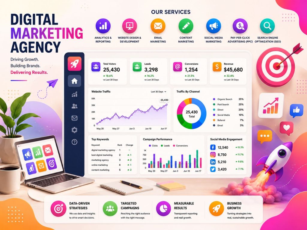 Digital Marketing Agency, dashboard showcasing SEO, social media marketing, PPC, content marketing, analytics, website traffic, lead generation, and business growth.