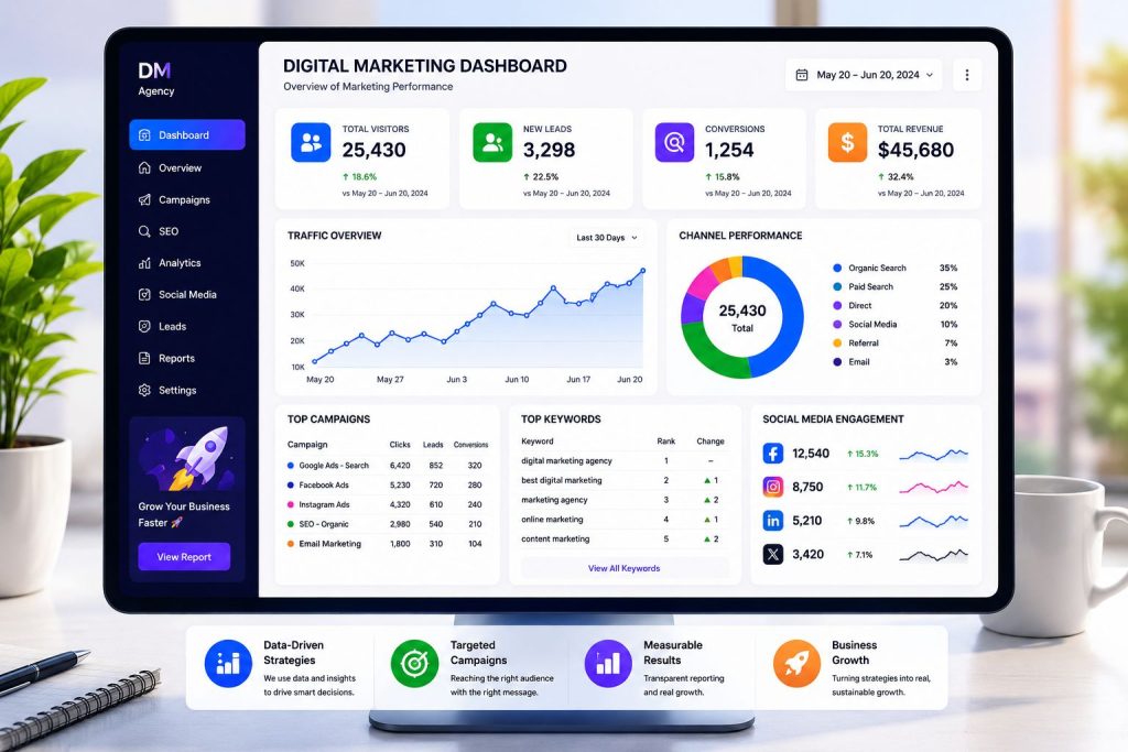 Right Digital Marketing Agency dashboard showing website traffic, SEO performance, lead generation, conversions, and campaign analytics.