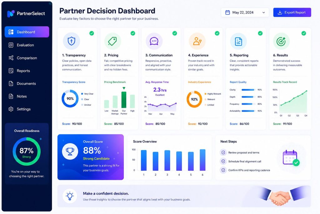 Right Digital Marketing Agency partner decision dashboard comparing transparency, pricing, communication, reporting, and performance to choose the best marketing partner.
