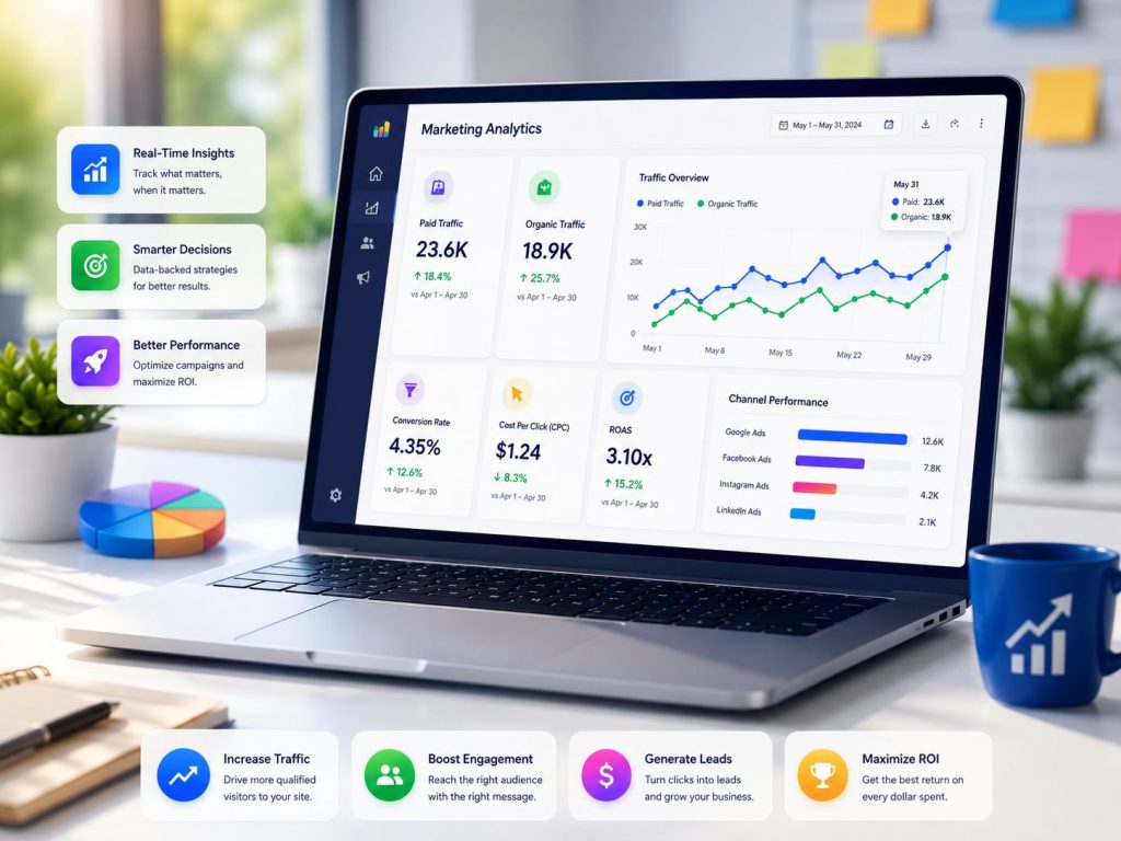 Google Ads vs SEO, marketing analytics dashboard showing paid traffic, organic traffic, campaign performance, conversions, ROI, and business growth insights.