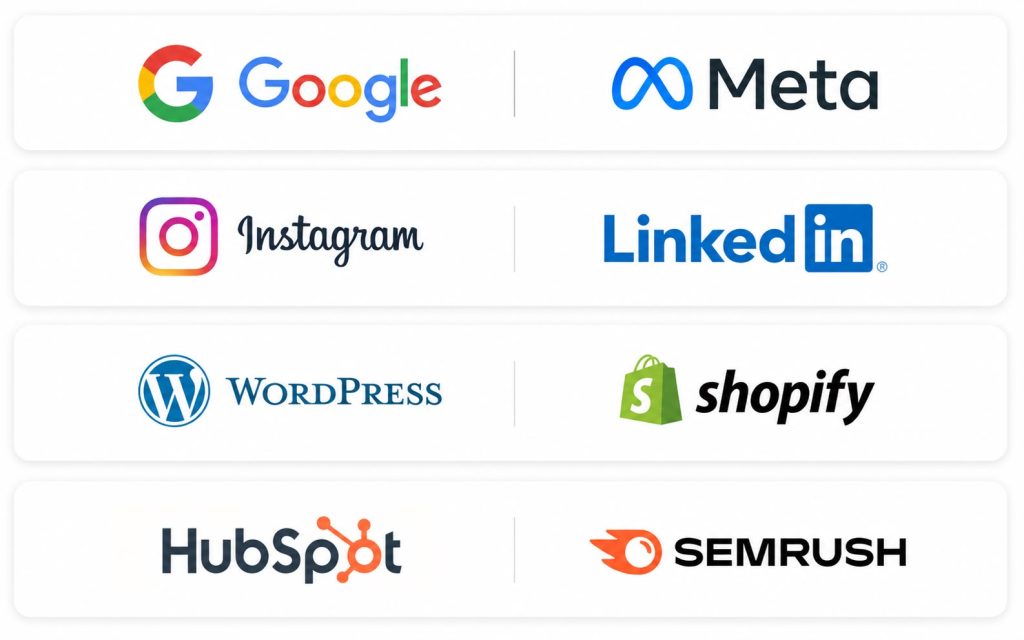 Digital Marketing Services using Google, Meta, Instagram, LinkedIn, WordPress, Shopify, HubSpot, and Semrush.